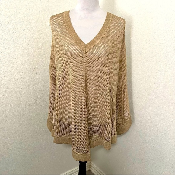 MICHAEL KORS Metallic Gold Knit Kaftan Poncho Med Business Casual EUC Designer - Picture 2 of 14